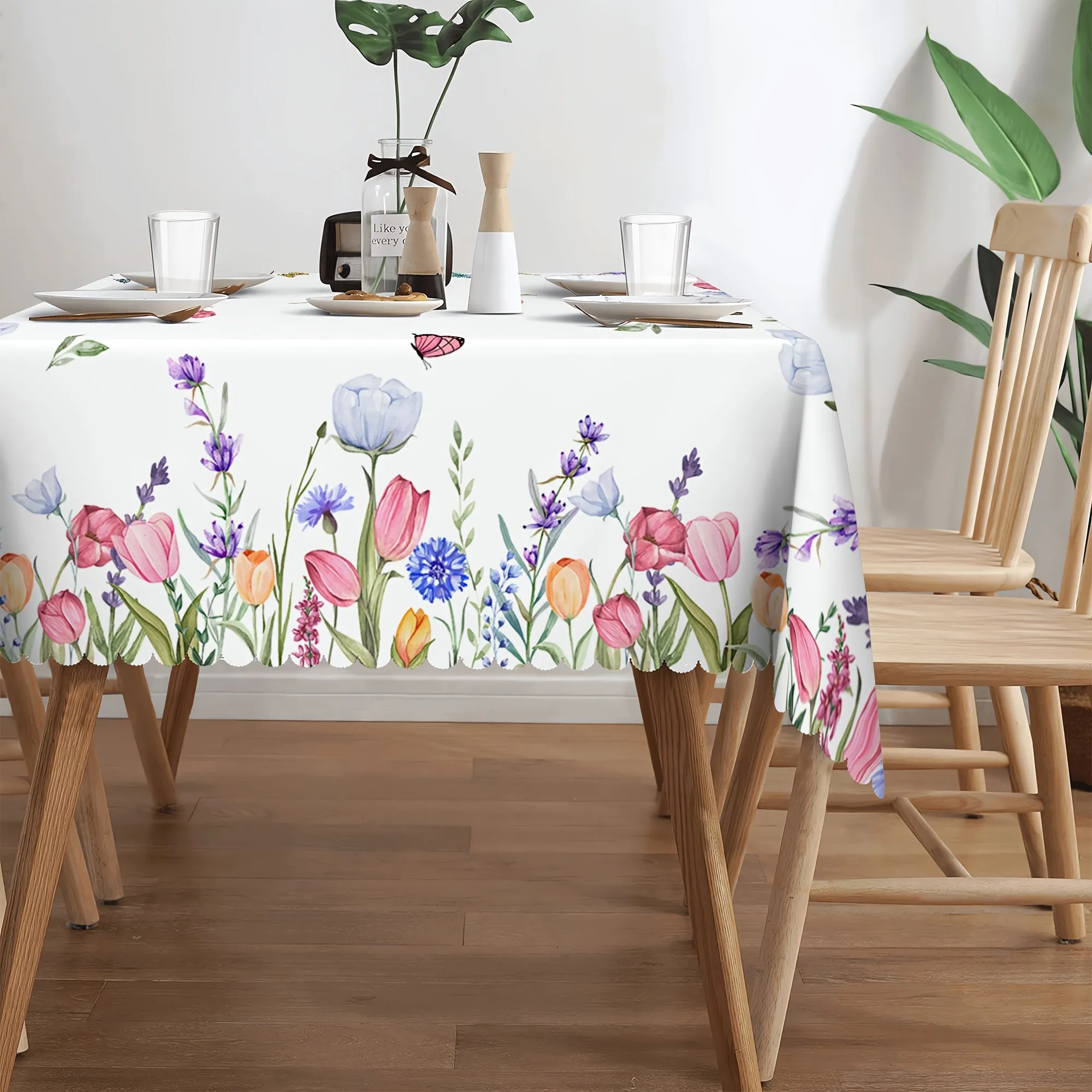1pc Of Tulip Flower Butterfly Tablecloth, Spring Table Decoration, Edge Embossing Process, Printed Tablecloth, Anti-fouling, Waterproof, Wrinkle-free, Suitable For Daily Family Kitchen, Restaurant Terrace Indoor And Outdoor Use