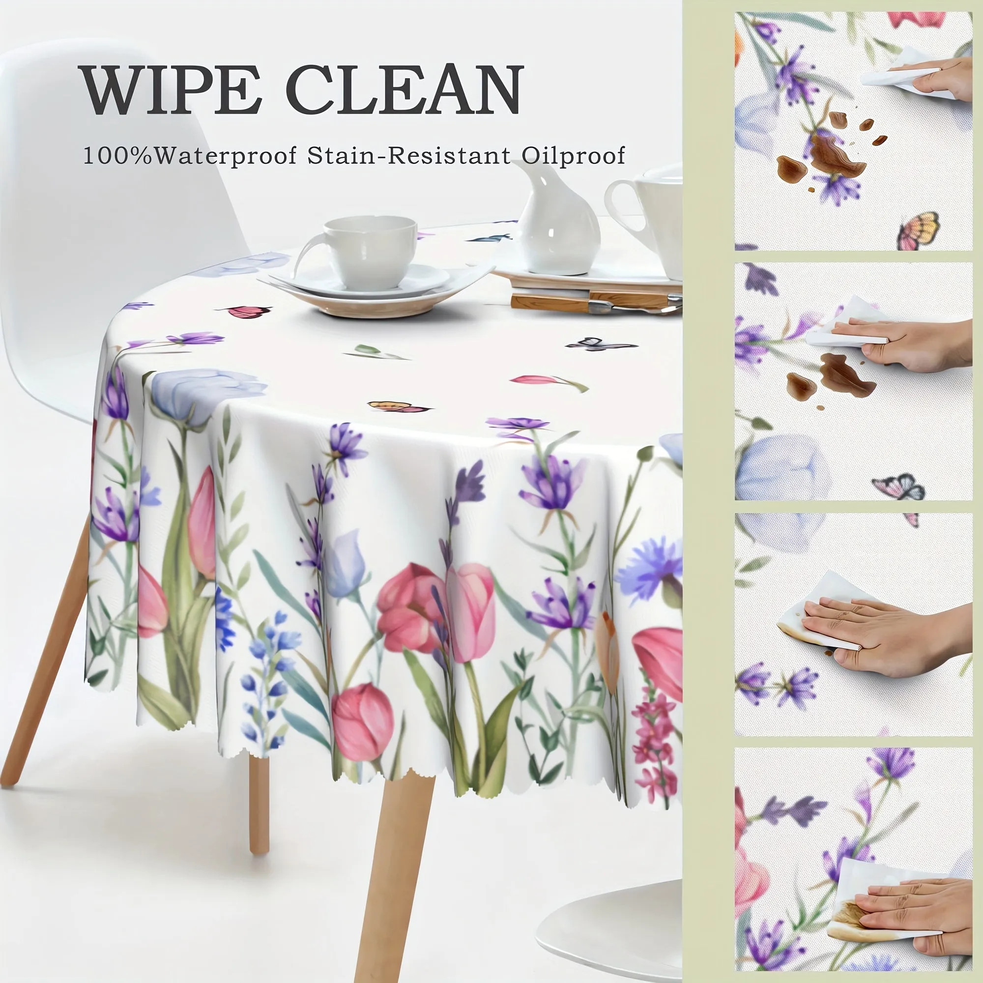 1pc Of Tulip Flower Butterfly Tablecloth, Spring Table Decoration, Edge Embossing Process, Printed Tablecloth, Anti-fouling, Waterproof, Wrinkle-free, Suitable For Daily Family Kitchen, Restaurant Terrace Indoor And Outdoor Use