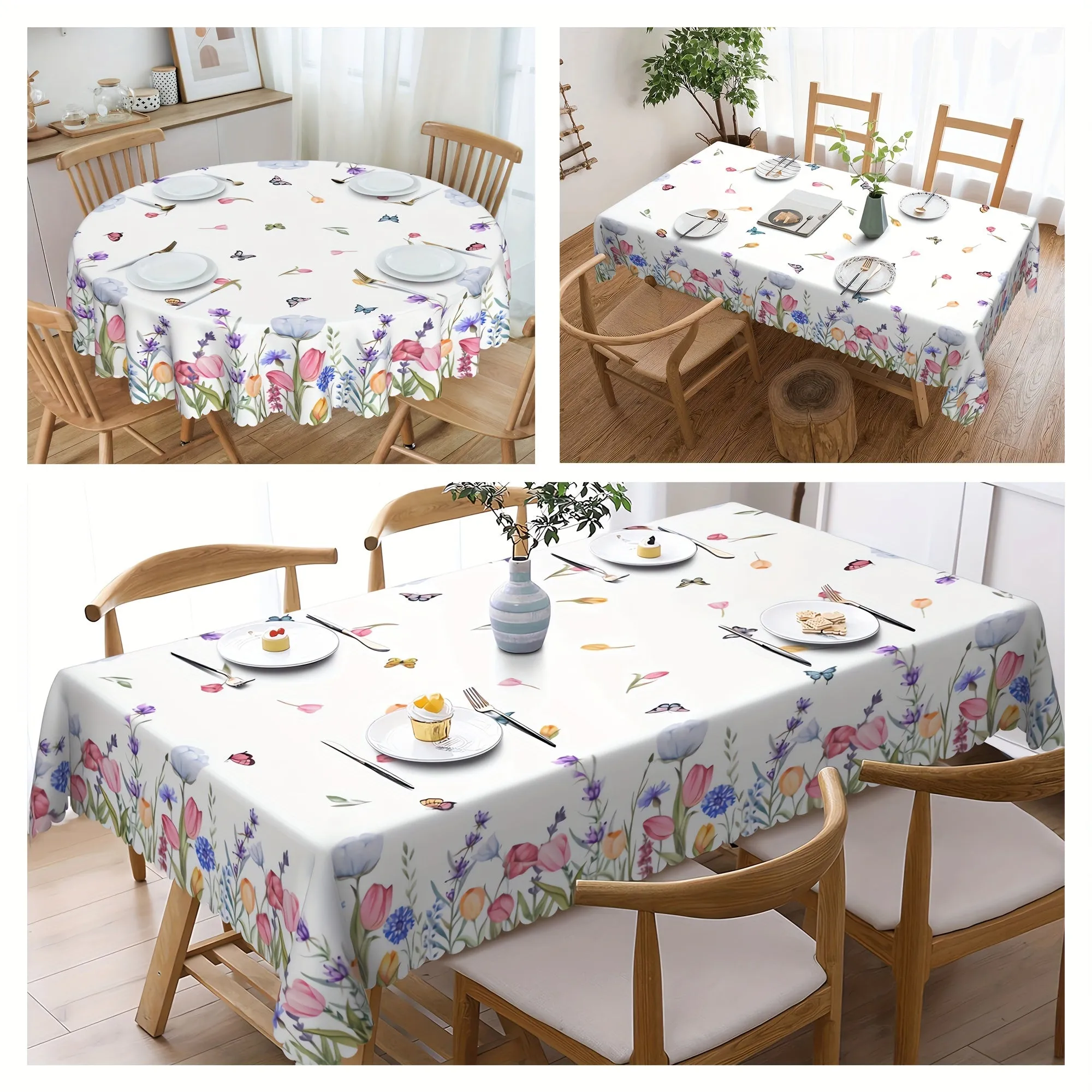 1pc Of Tulip Flower Butterfly Tablecloth, Spring Table Decoration, Edge Embossing Process, Printed Tablecloth, Anti-fouling, Waterproof, Wrinkle-free, Suitable For Daily Family Kitchen, Restaurant Terrace Indoor And Outdoor Use