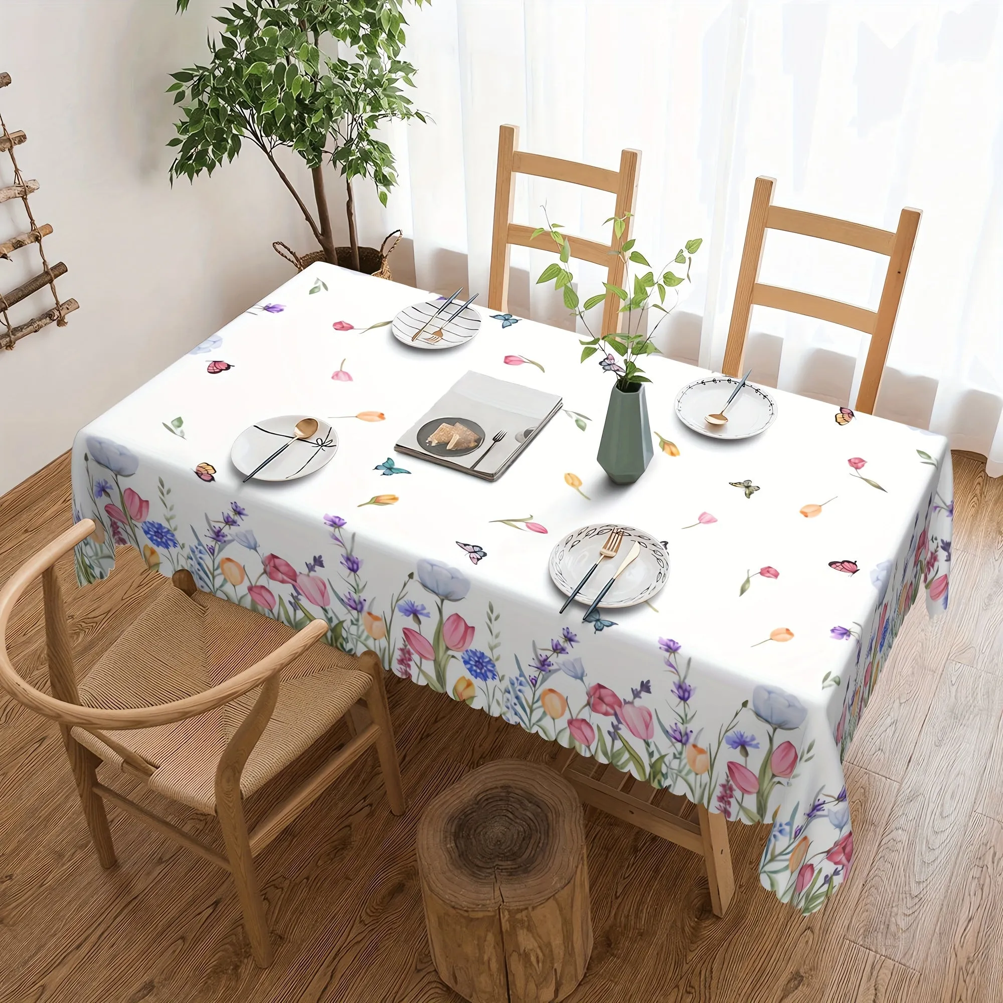 1pc Of Tulip Flower Butterfly Tablecloth, Spring Table Decoration, Edge Embossing Process, Printed Tablecloth, Anti-fouling, Waterproof, Wrinkle-free, Suitable For Daily Family Kitchen, Restaurant Terrace Indoor And Outdoor Use
