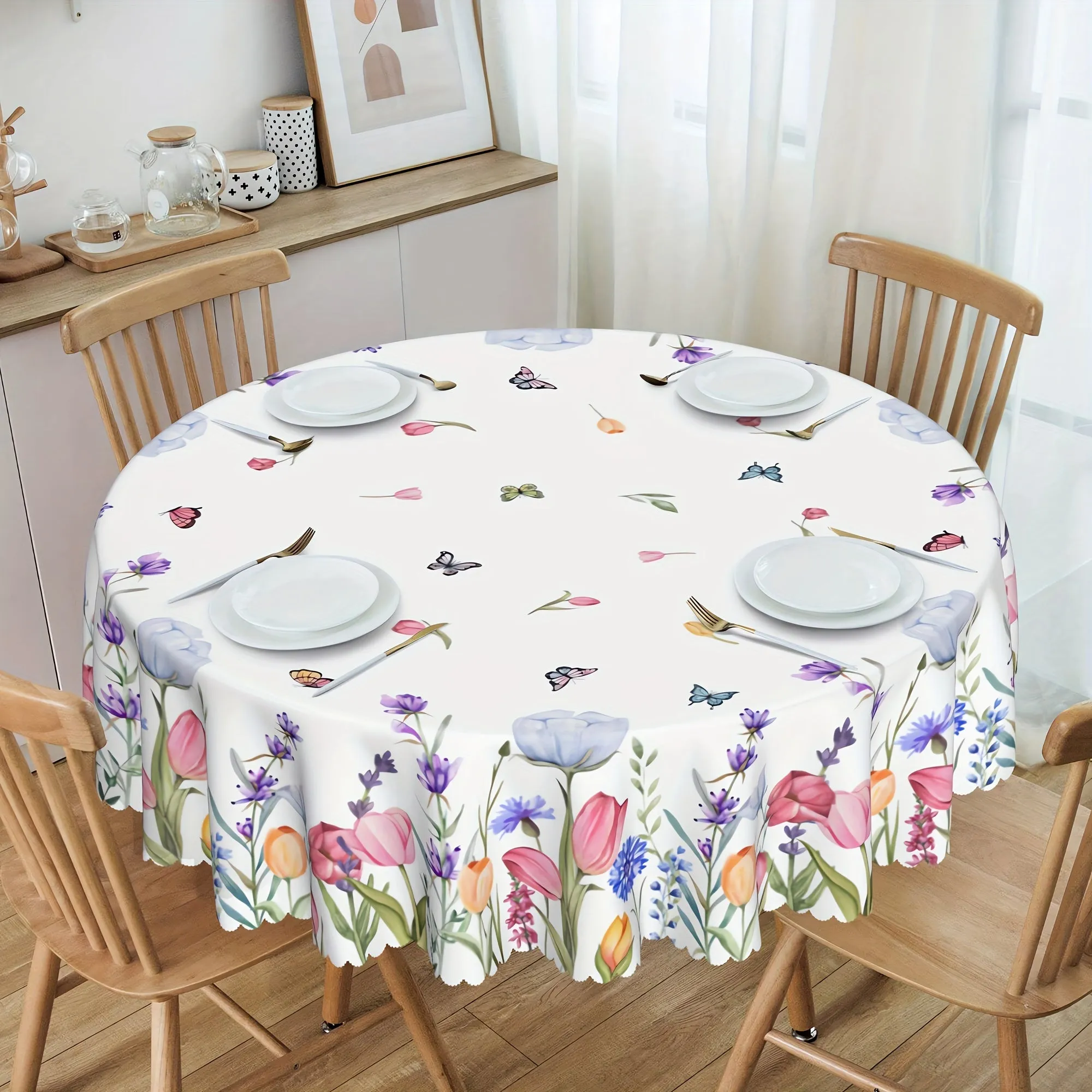 1pc Of Tulip Flower Butterfly Tablecloth, Spring Table Decoration, Edge Embossing Process, Printed Tablecloth, Anti-fouling, Waterproof, Wrinkle-free, Suitable For Daily Family Kitchen, Restaurant Terrace Indoor And Outdoor Use