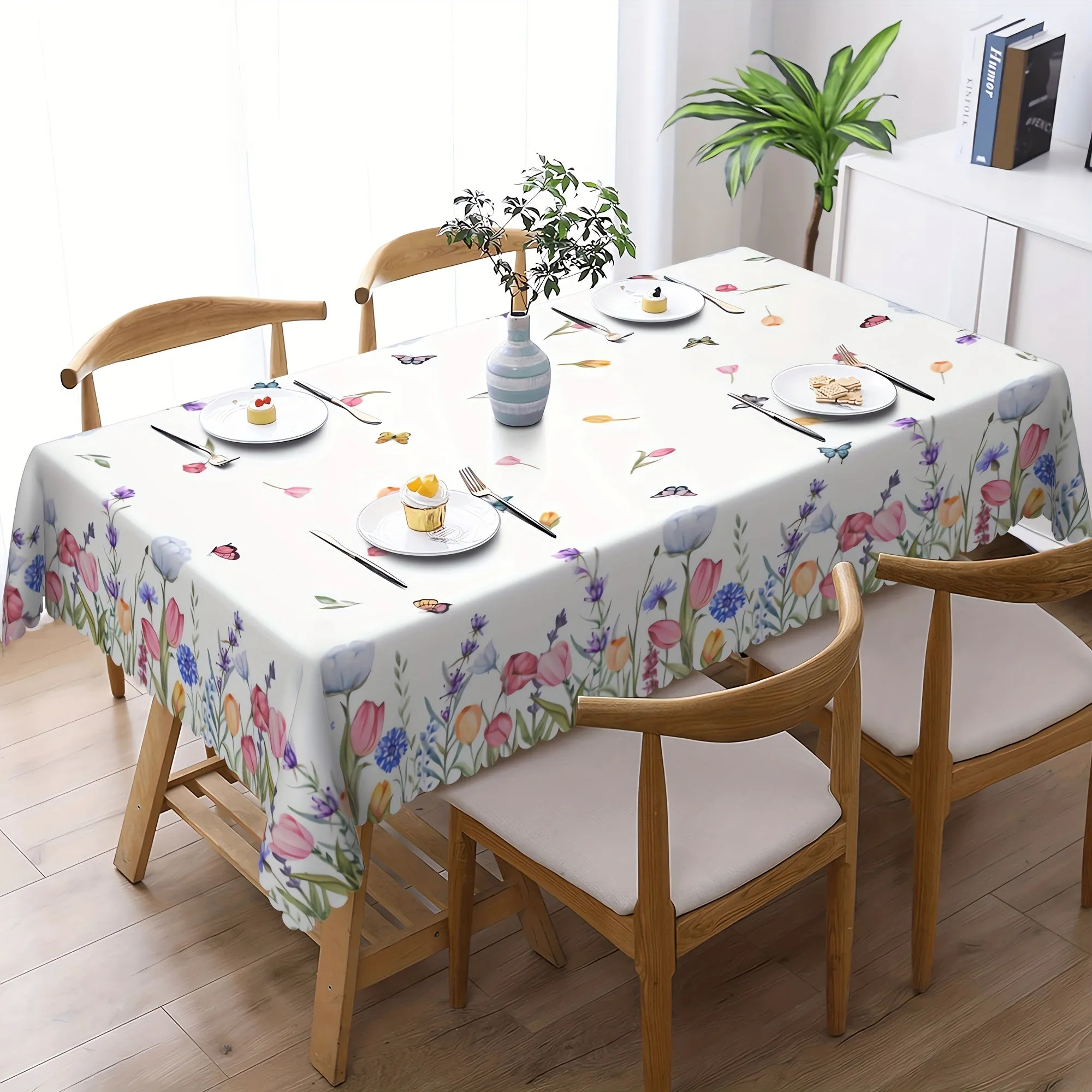1pc Of Tulip Flower Butterfly Tablecloth, Spring Table Decoration, Edge Embossing Process, Printed Tablecloth, Anti-fouling, Waterproof, Wrinkle-free, Suitable For Daily Family Kitchen, Restaurant Terrace Indoor And Outdoor Use