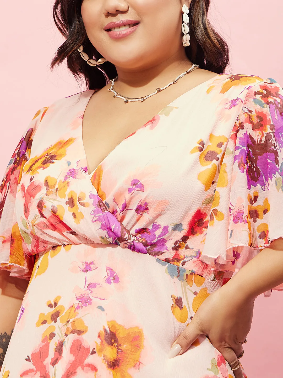 Berrylush Women Plus Size Pink & Yellow Floral Printed V-Neck Flutter Sleeve Georgette Zipper-Up Flared Wrap Mini Dress
