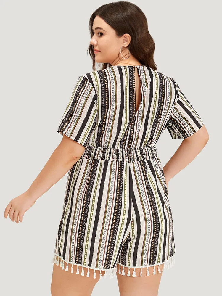 Boho Print Shirred Cut Out Tassel Trim Romper