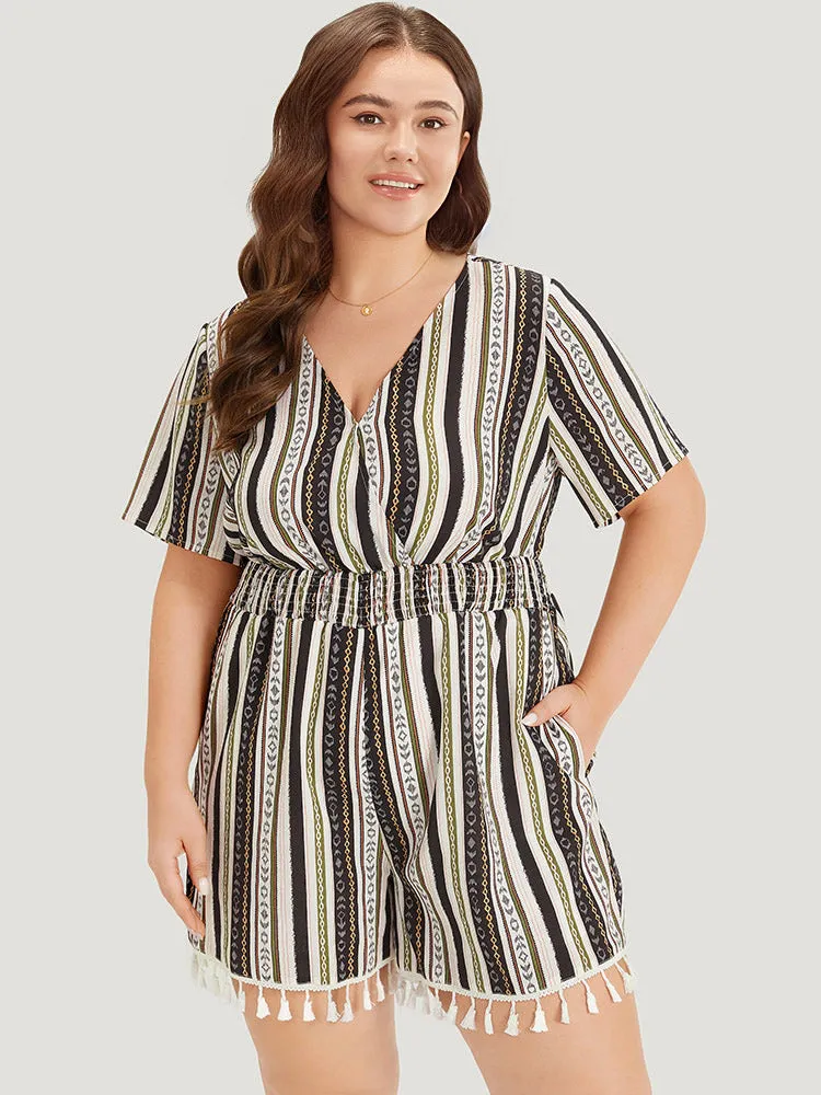 Boho Print Shirred Cut Out Tassel Trim Romper
