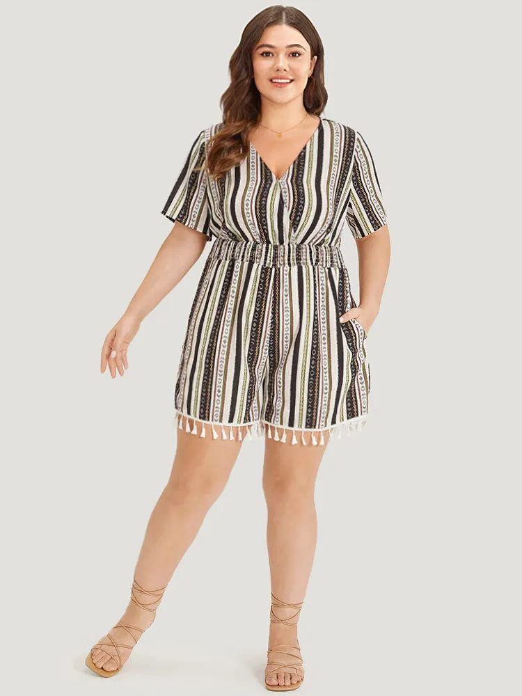 Boho Print Shirred Cut Out Tassel Trim Romper
