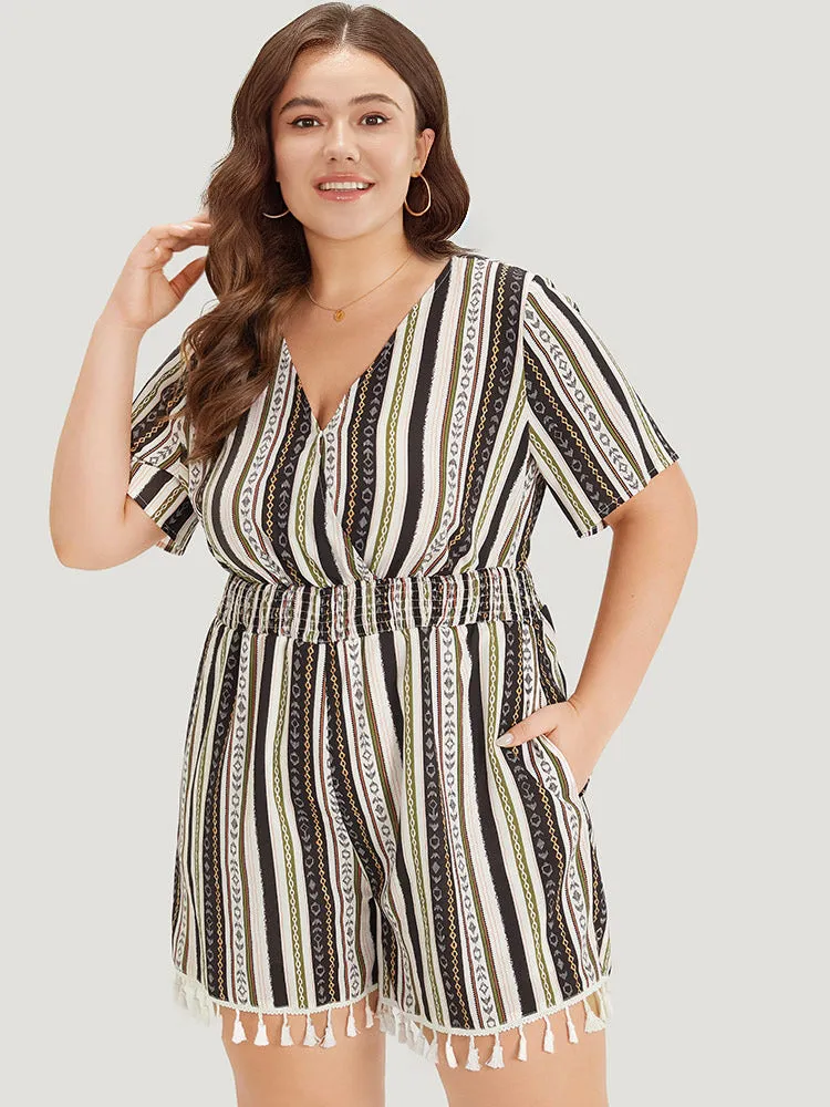 Boho Print Shirred Cut Out Tassel Trim Romper