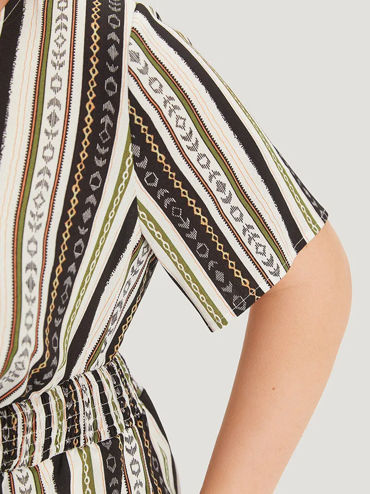 Boho Print Shirred Cut Out Tassel Trim Romper