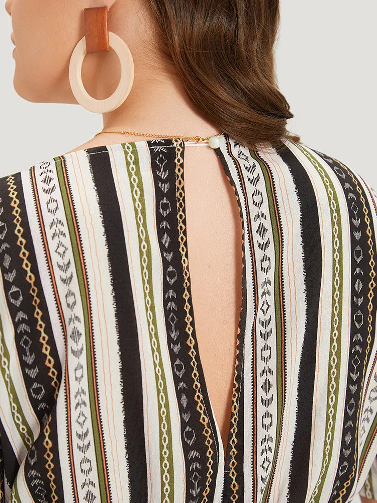 Boho Print Shirred Cut Out Tassel Trim Romper