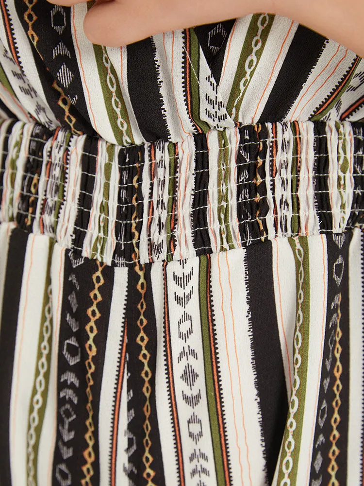 Boho Print Shirred Cut Out Tassel Trim Romper
