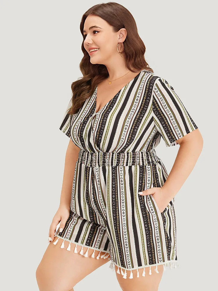 Boho Print Shirred Cut Out Tassel Trim Romper