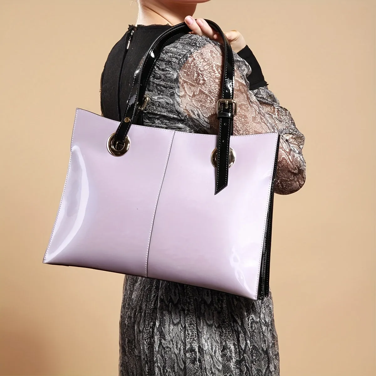 [Fast Arrival] Large Embellished Glossy Patent Leather Tote Handbags for Women - Spacious Waterproof Interior, Adjustable Shoulder Strap, Classic Retro Style in Dark Purple, Wine Red, Dark Blue