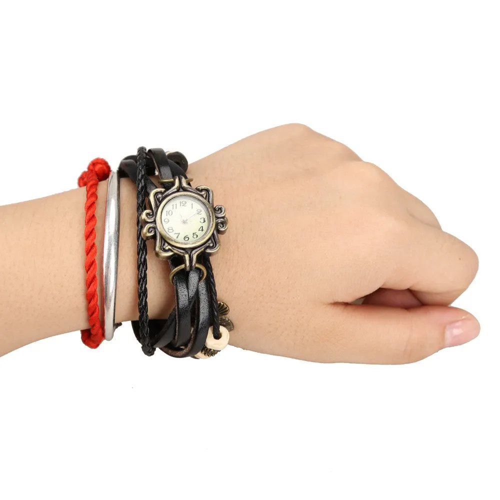 Hot Sale Vintage Quartz Wristwatch Women Dress Watches Wrap Butterfly Pendant Synthetic Leather Strap Watches Bracelet Wristwatch