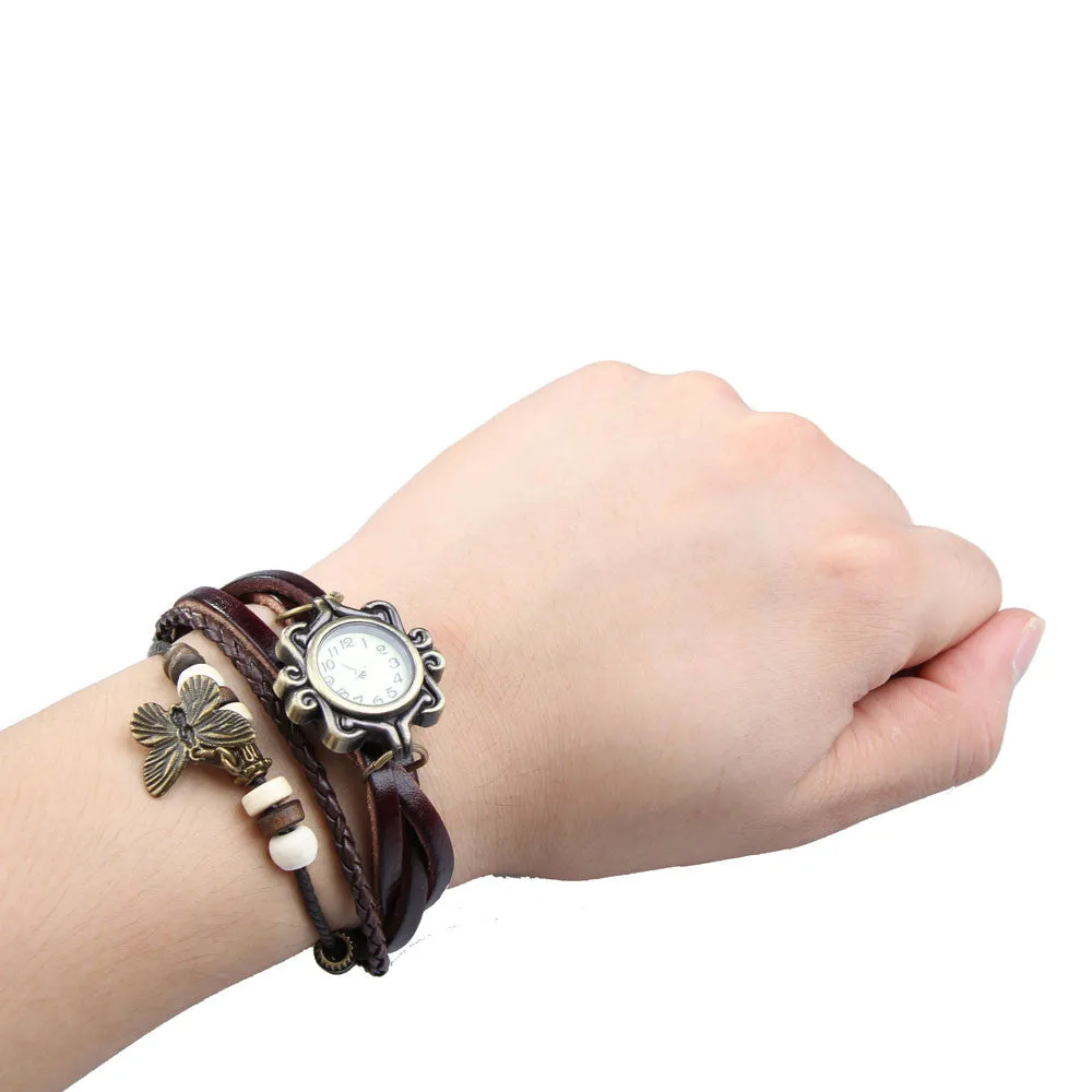 Hot Sale Vintage Quartz Wristwatch Women Dress Watches Wrap Butterfly Pendant Synthetic Leather Strap Watches Bracelet Wristwatch
