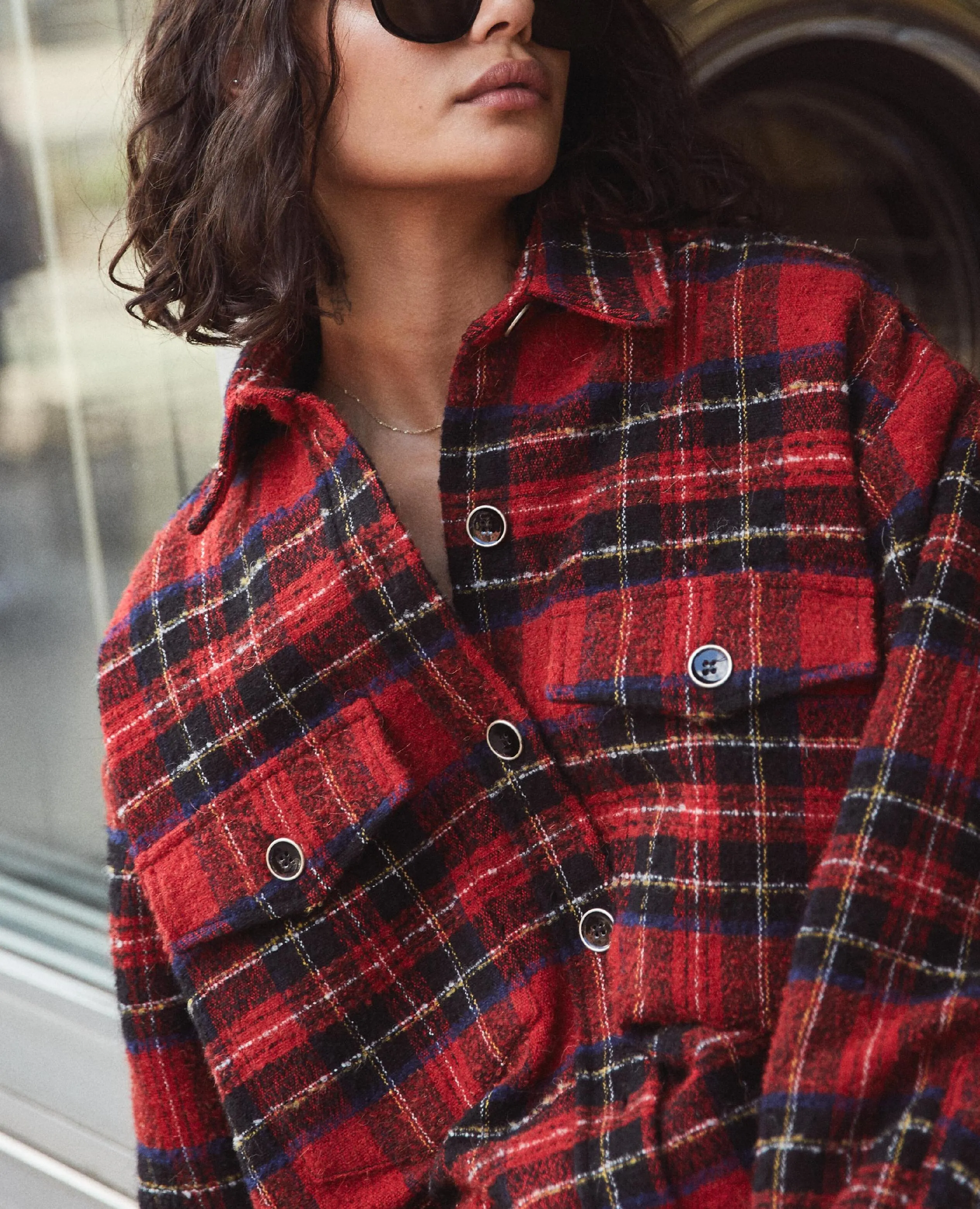 Manteau bi-matière à carreaux