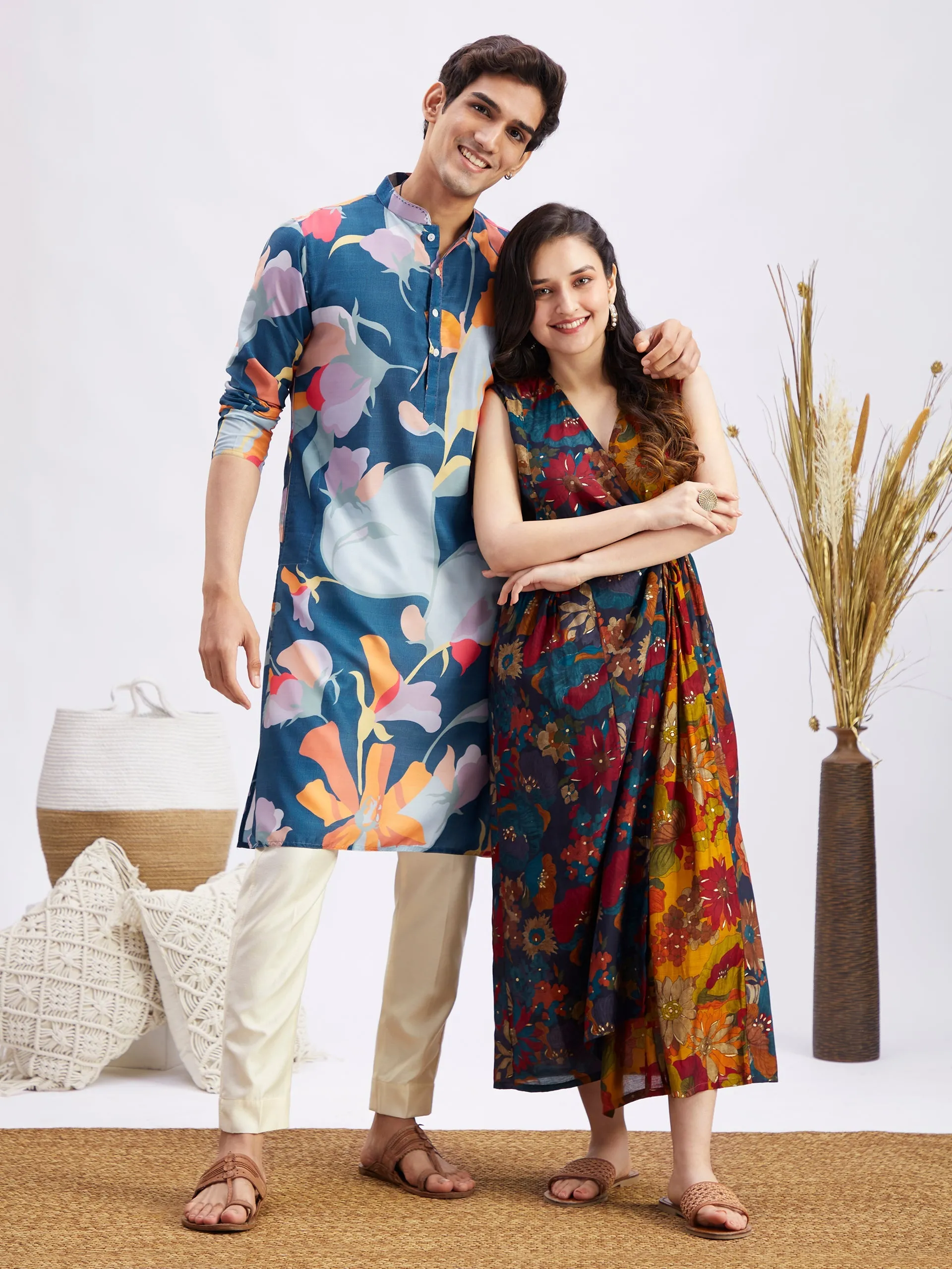 MEN WOMEN 36 - 42 Multi Color Base Blue Cotton blend Men's:Kurta Pyjama Set  Women's:Kurta Set