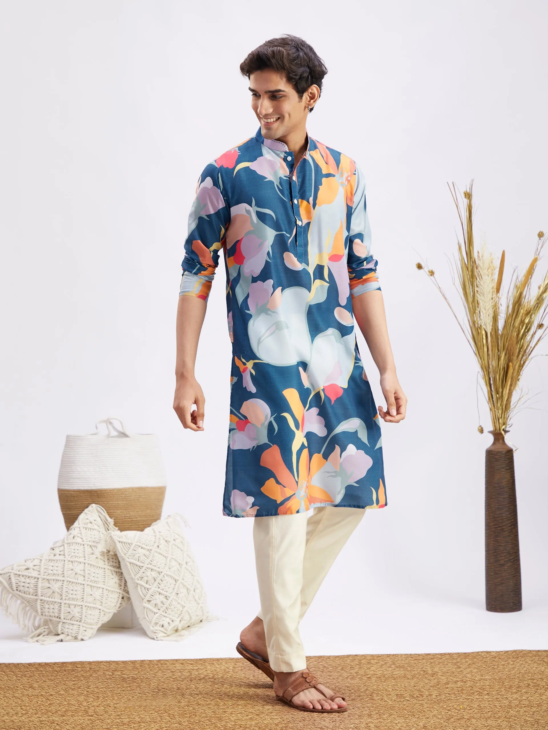 MEN WOMEN 36 - 42 Multi Color Base Blue Cotton blend Men's:Kurta Pyjama Set  Women's:Kurta Set