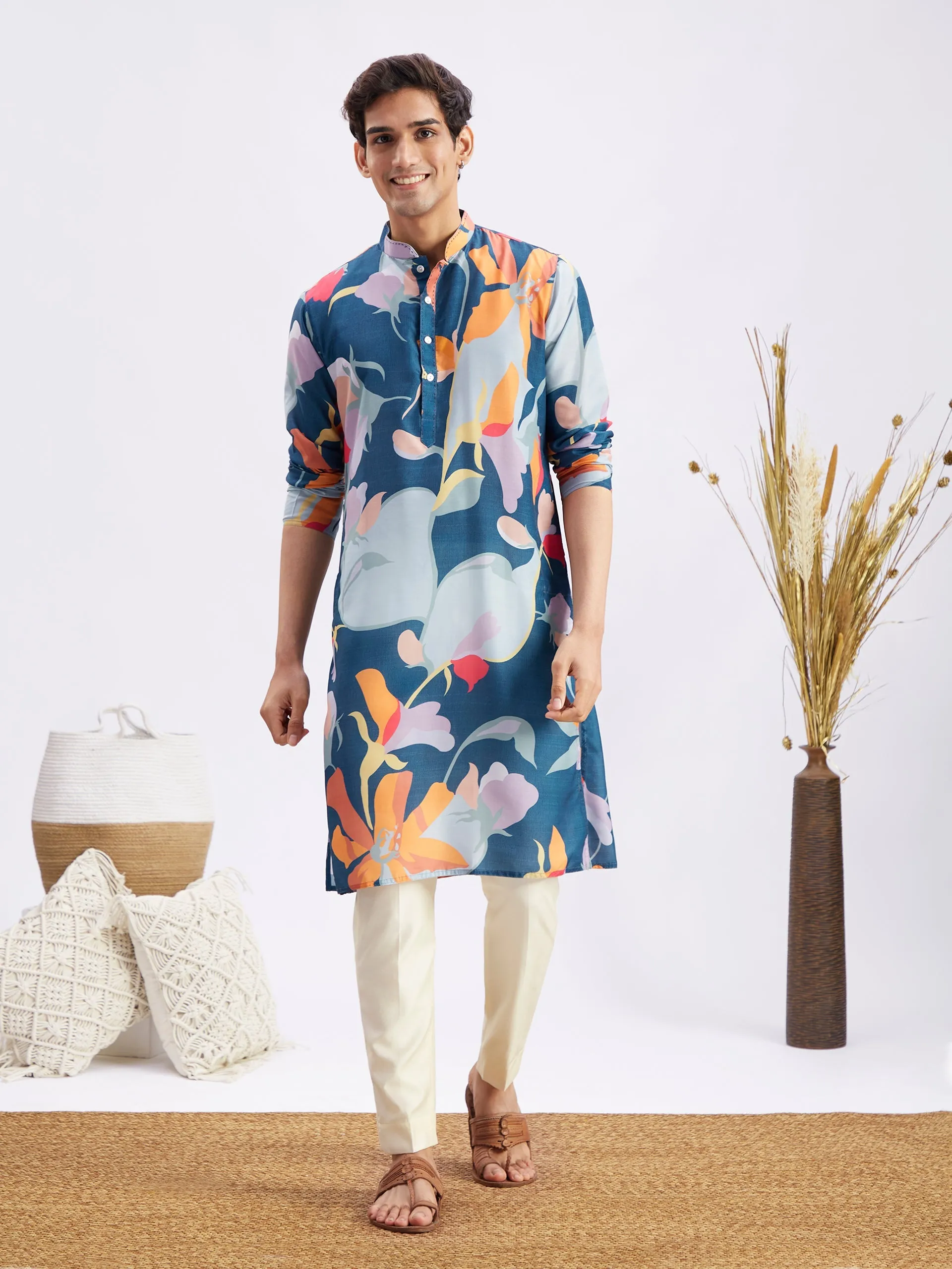 MEN WOMEN 36 - 42 Multi Color Base Blue Cotton blend Men's:Kurta Pyjama Set  Women's:Kurta Set