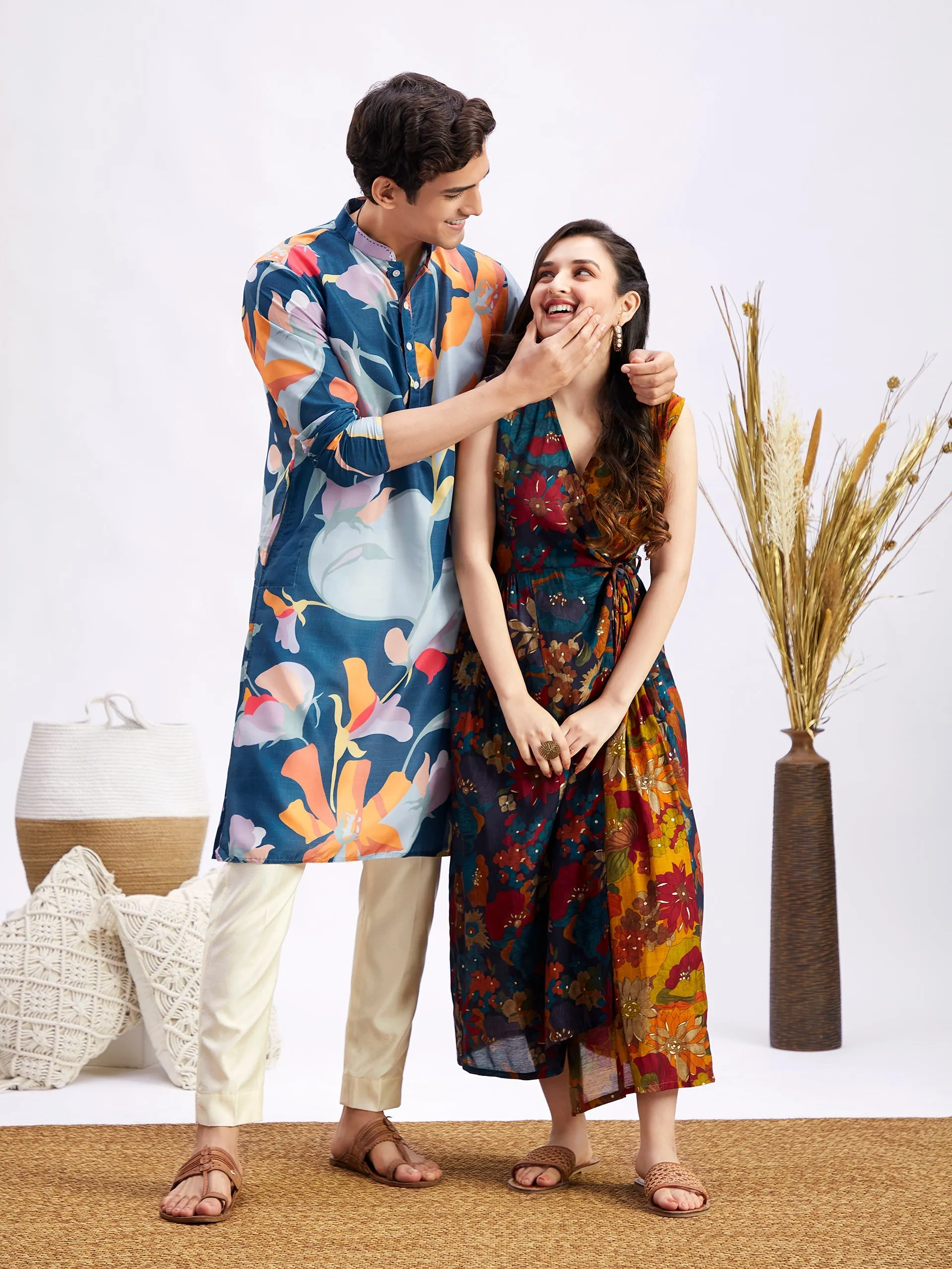 MEN WOMEN 36 - 42 Multi Color Base Blue Cotton blend Men's:Kurta Pyjama Set  Women's:Kurta Set