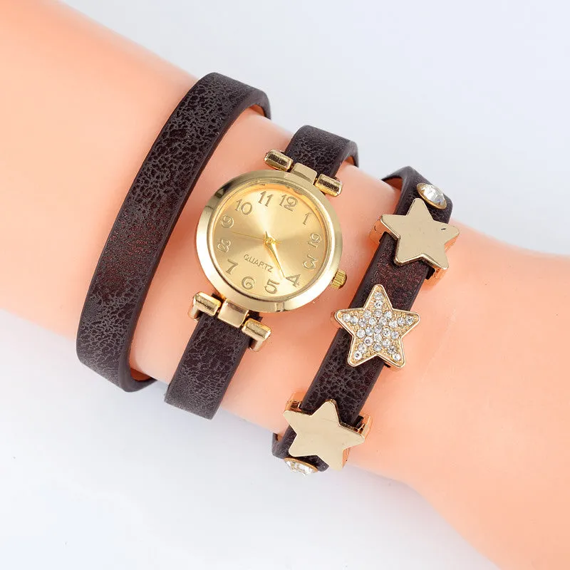 New Fashion Five-pointed star Leather Bracelet Watch Women Quartz Watch Ladies Dress Watch