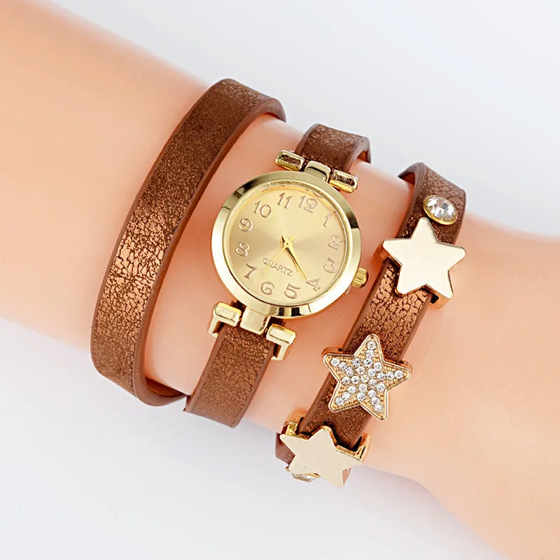 New Fashion Five-pointed star Leather Bracelet Watch Women Quartz Watch Ladies Dress Watch