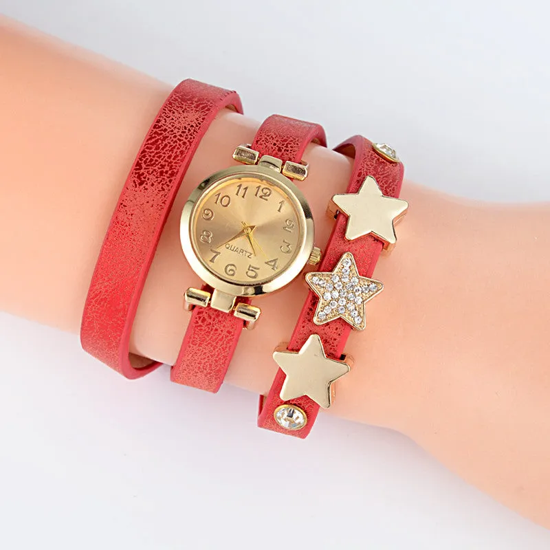 New Fashion Five-pointed star Leather Bracelet Watch Women Quartz Watch Ladies Dress Watch