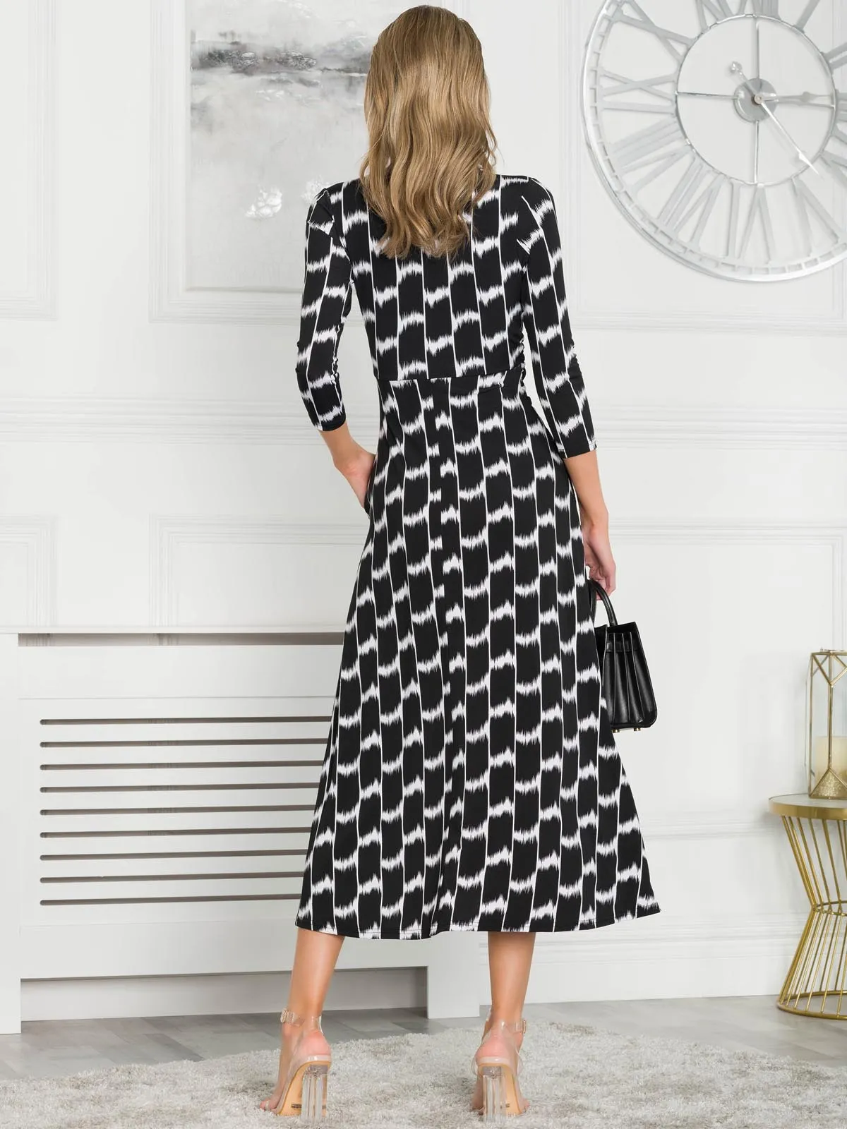 Quintella Jersey Side Split Maxi Dress, Black Geo
