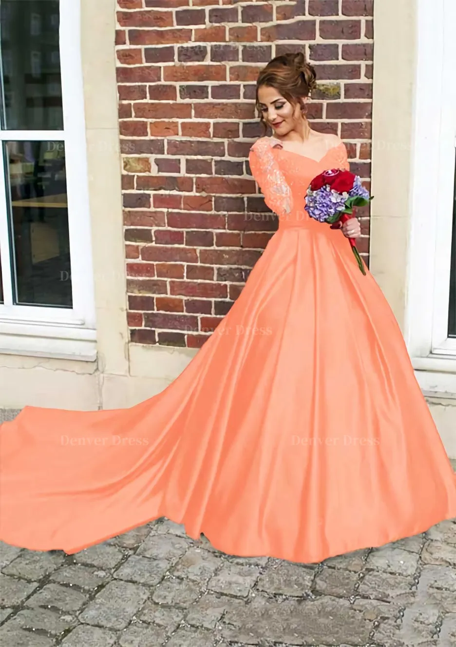 Satin Prom Dress Ball Gown V-Neck Cathedral Train With Lace