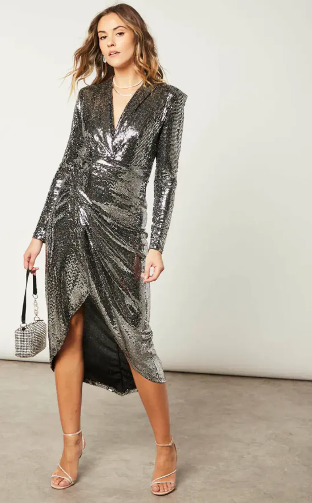 Sequin Wrap midi Dress with front slit in Silver