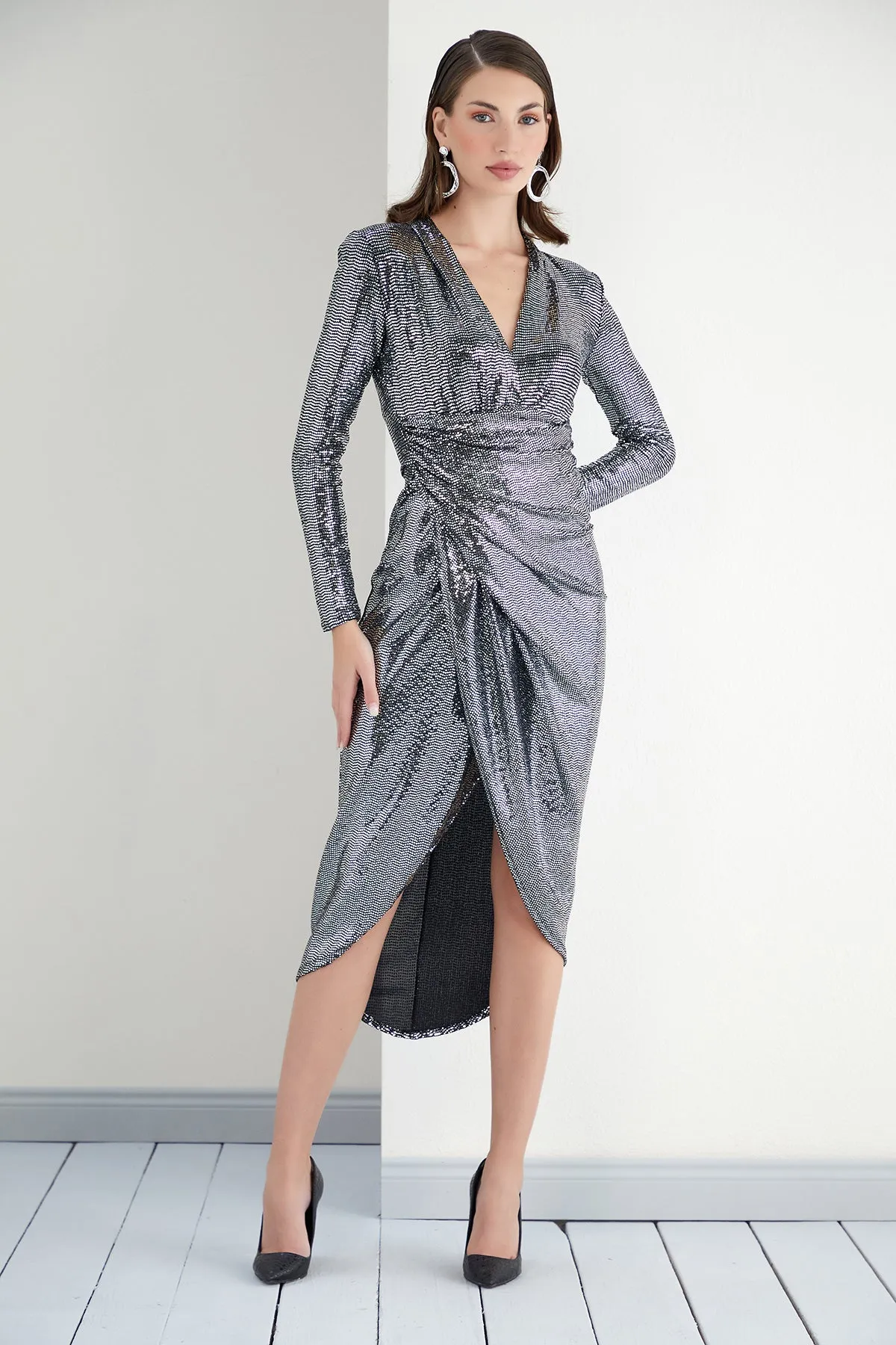 Sequin Wrap midi Dress with front slit in Silver
