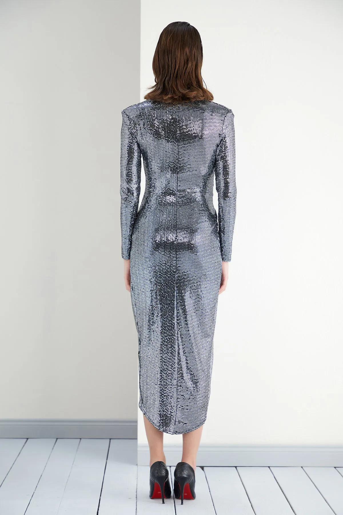 Sequin Wrap midi Dress with front slit in Silver